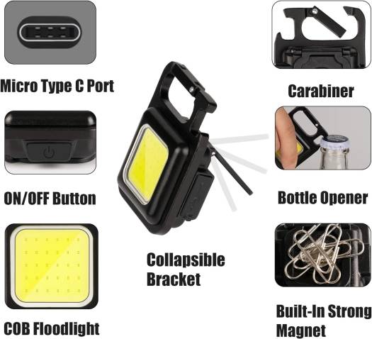 COB Small Flashlights, 800Lumens Bright Rechargeable Keychain Mini Flashlight